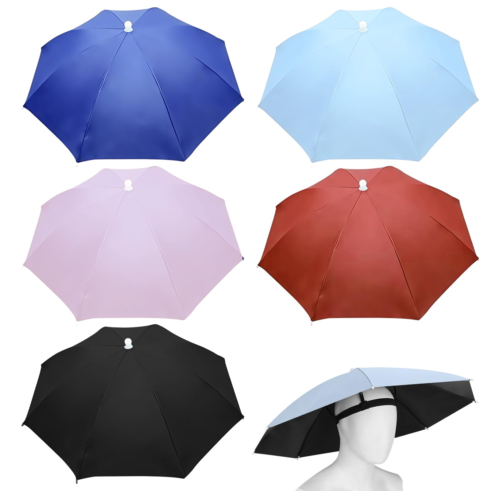 Lot de 5 chapeaux de parapluie : 69 cm Parapluie de pêche avec bande élastique Chapeau de parapluie pliable pour adultes et enfants Protection UV Tête Chapeau de pluie Chapeau de pluie pour la