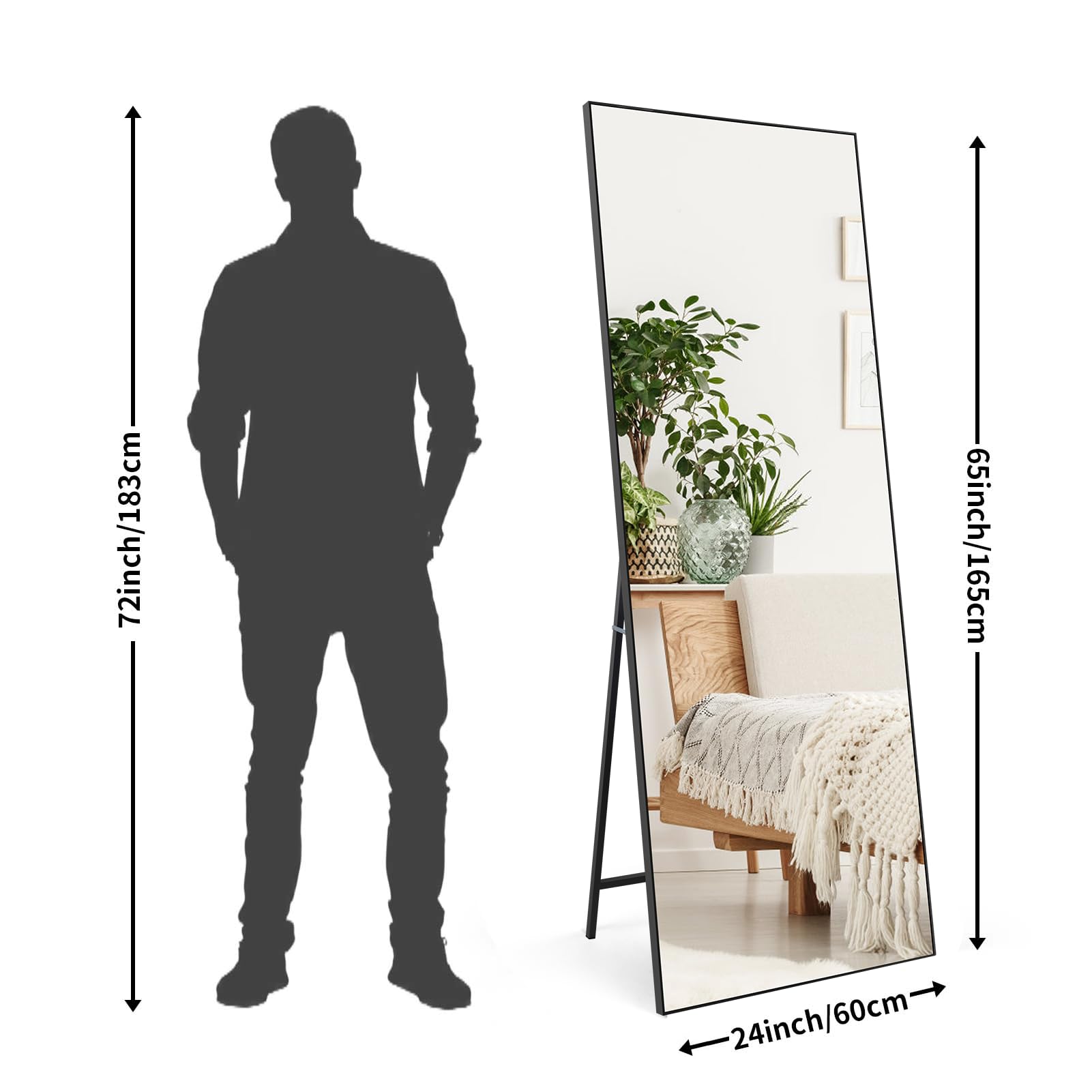 Miroir Pleine Longueur 165 X 60 Cm, Miroir De Sol Avec Cadre En Aluminium Miroir Sur Pied Arque Lisse Dore 97135791