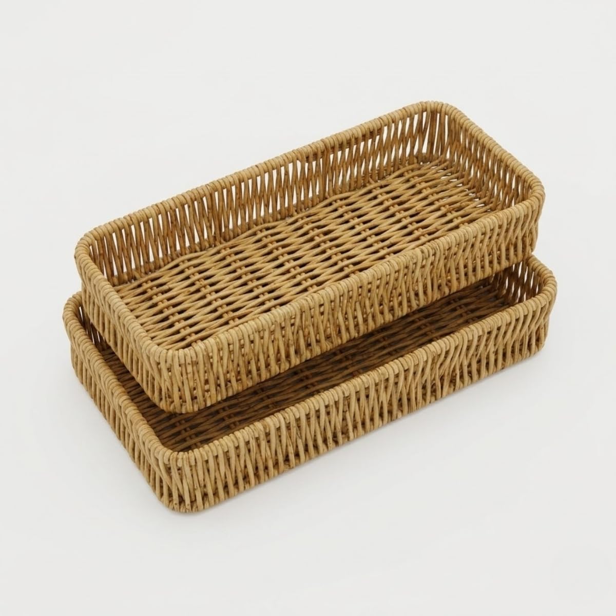 DEİNHAUS Hasır Örgü Dikdörtgen Sepet Tepsisi, 2'li Set, Doğal Renk, Ekmek ve Organizer Kullanımı, 28x10 cm ve 24x9 cm