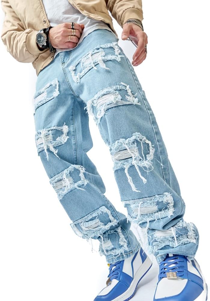 WEIBUMAOYI Men's Wide-Leg Jeans Straight Leg Carpenter Denim Pants Loose fit Trousers