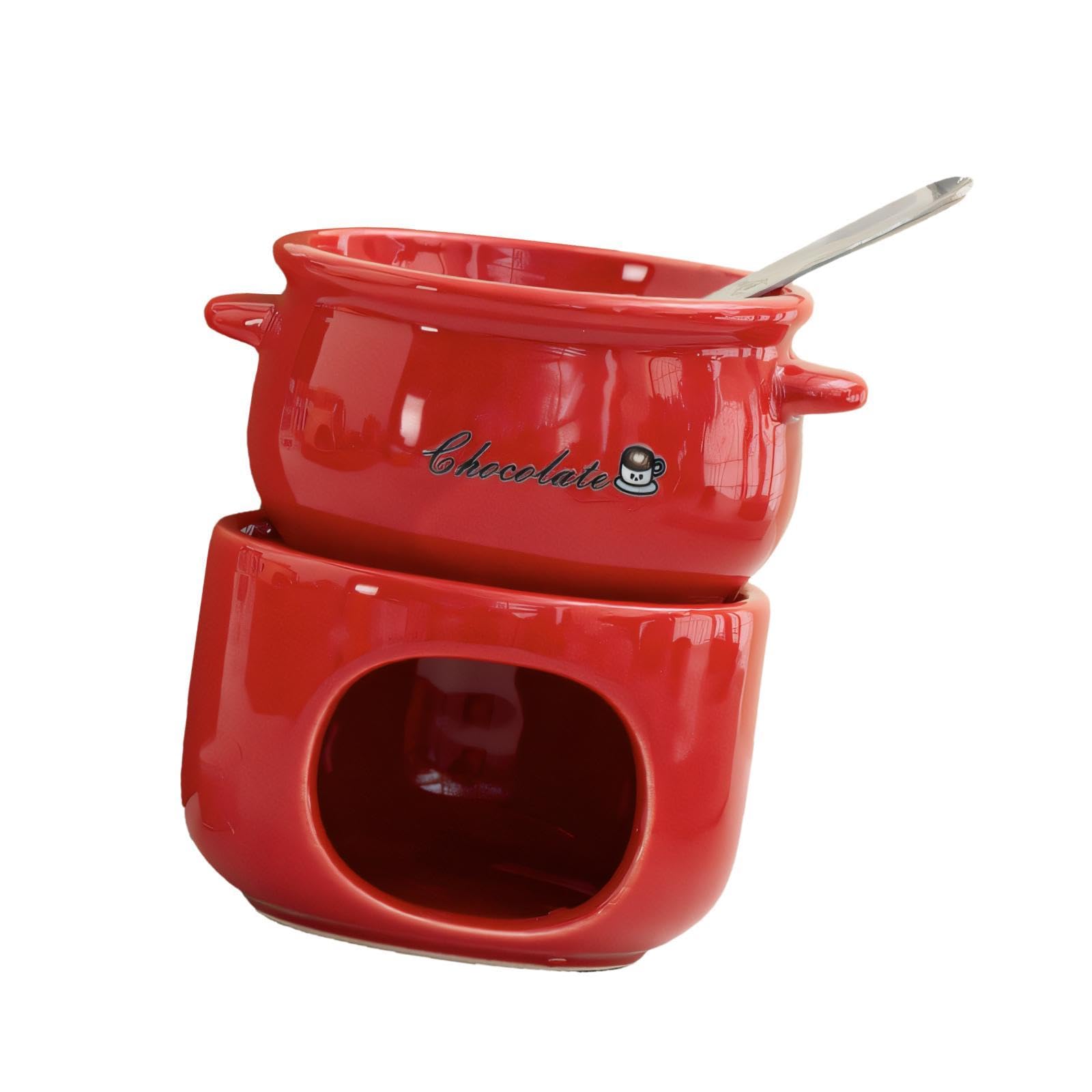 STYLEHEAVEN Ceramic Chocolate Melting Pot Ceramic Butter Warmer Set for Chocolate Butter Red-image-43