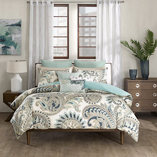 Image of INK+IVY Cario Mid Century Modern Cotton Square Decorative Pillow Sofa Cushion Lumbar, Back Support, 18X18 inch, Geometric Embroidery Blue