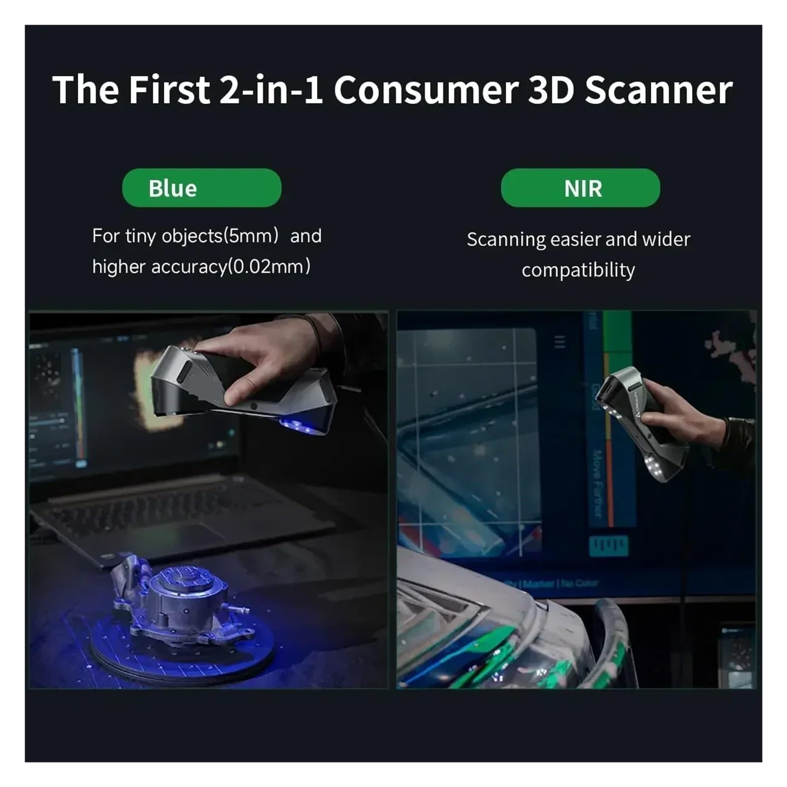 3D-Scanner CR-Scan Raptor, Handscan, 0,02 mm Genauigkeit, 60 fps Scangeschwindigkeit, blaues NIR-Licht, 3D-Druckscanner