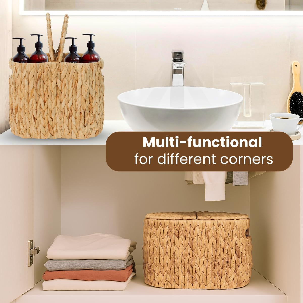 Toilet Paper Basket with Lid, Woven Natural Water Hyacinth Toilet Paper Storage, Papers Container for 4 Mega Rolls, Storage Holder with Built-in Handles, Slim Bathroom Stand Basket Organizer for Decor - Image 5