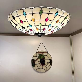 BOTOWI Tiffany Flush Mount Ceiling Light Stained Glass Ceiling Light for Bedroom Living Room Entryway Foyer Hallway Entrance Kitchen Island Over The Sink Dining Room Ceiling Lamp,Colorful,16in [Energy Class A]