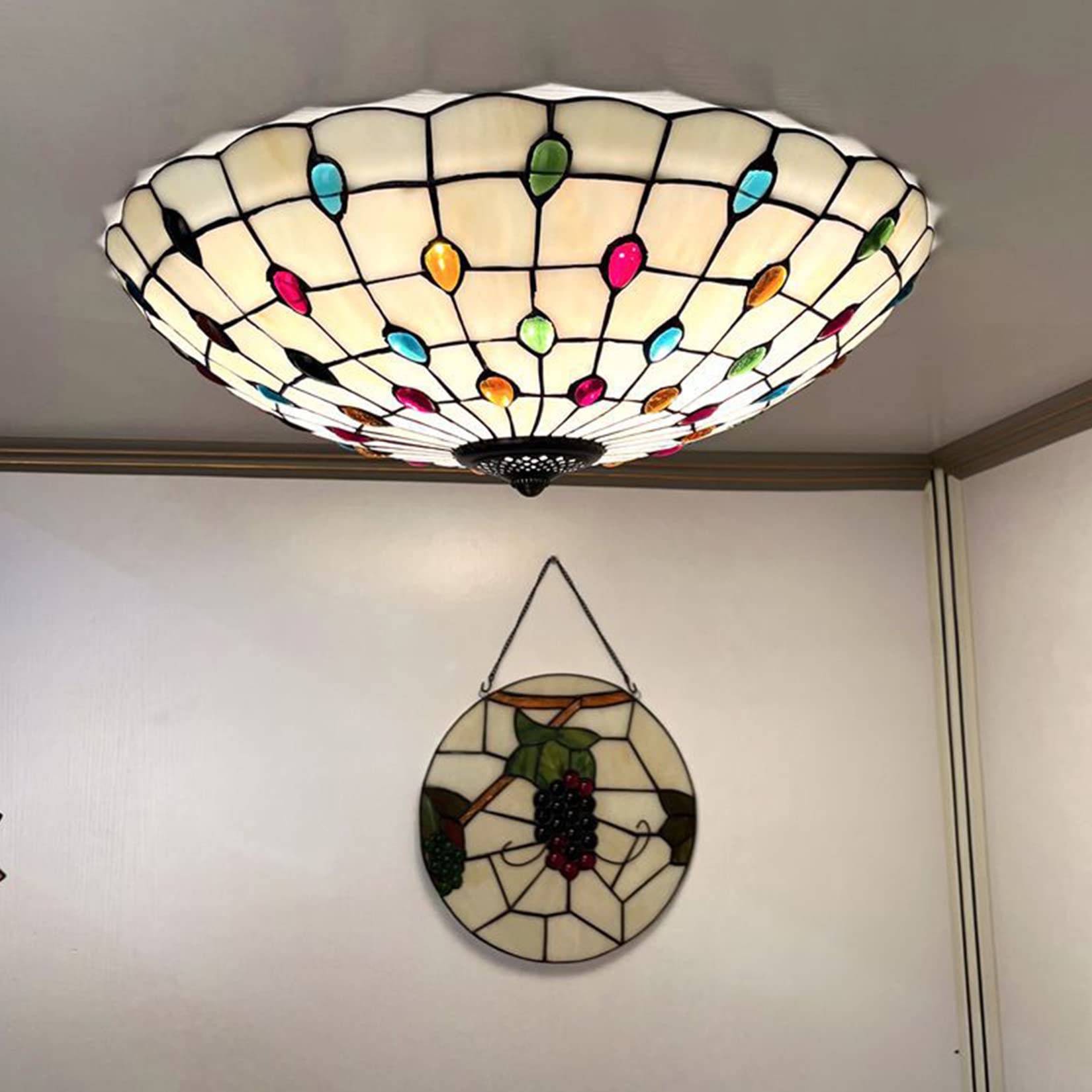 Botowi Colorful Tiffany Flush Mount Ceiling Light Stained Glass Ceiling Light For Bedroom Living Room Entryway Foyer Hallway Entrance Kitchen Island Over The Sink Dining Room Ceiling Lamp,,16In