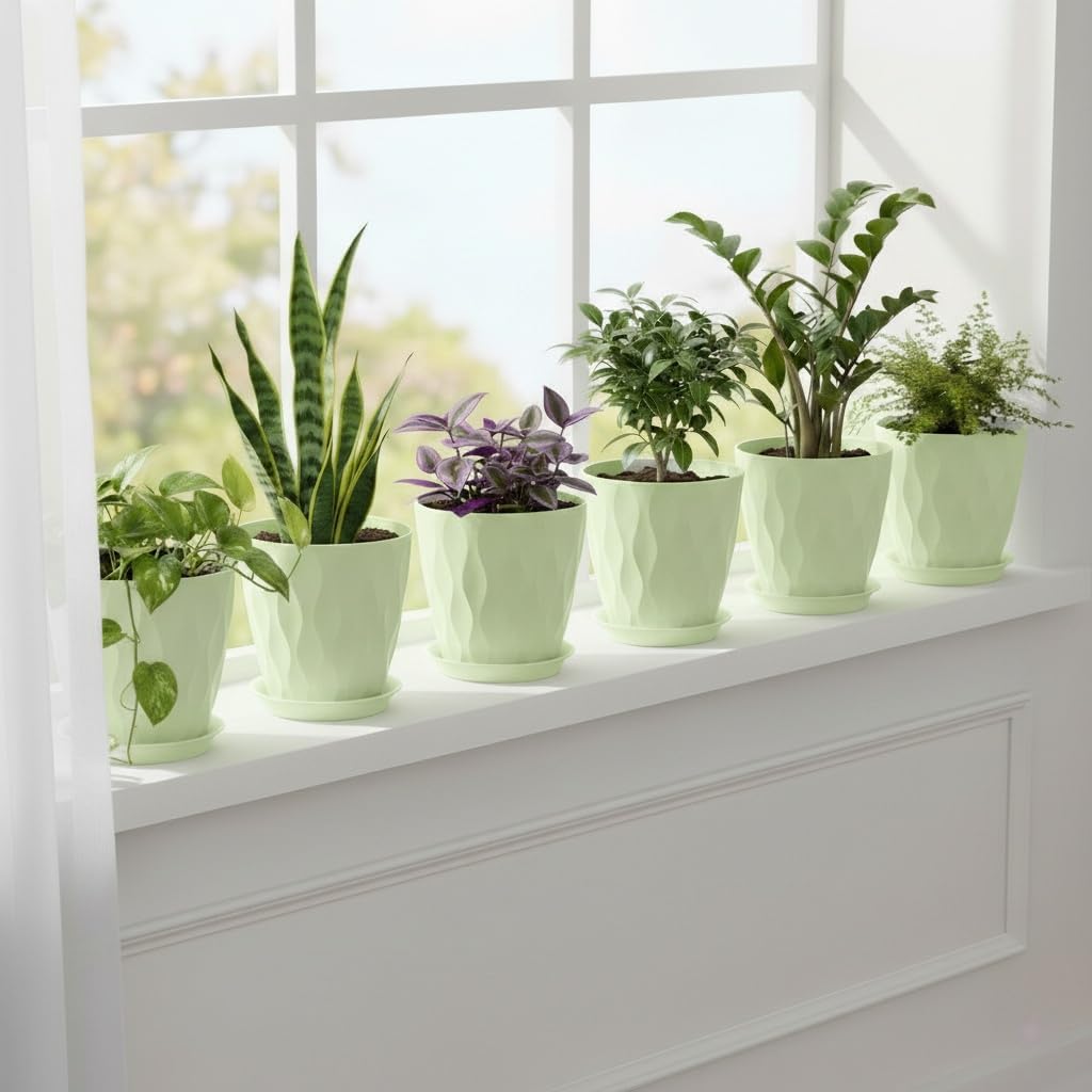 Plant Pots 8 Inch, 6 Pack Plastic Flower Pots for Indoor & Outdoor Plants, Planters with Drainage Holes and Saucer, Garden Pot for Plants (Green)
