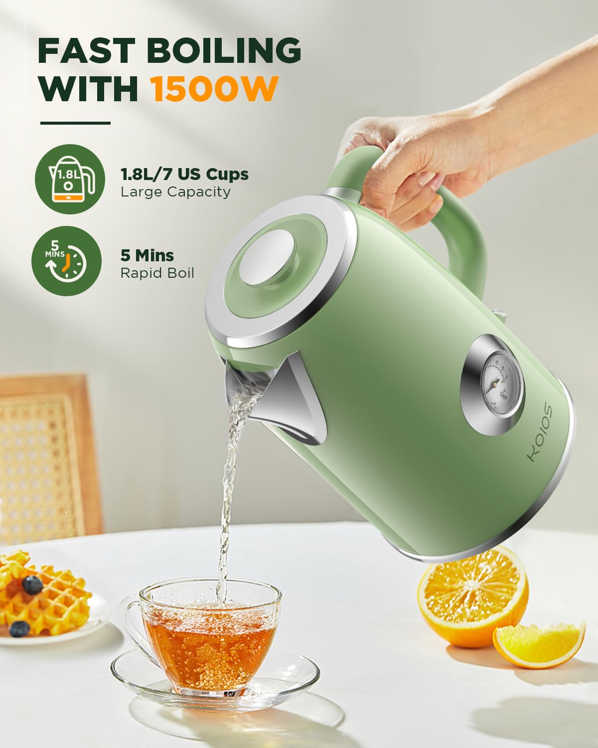 Hervidor eléctrico de 1.8 L con medidor de temperatura, hervidor de té eléctrico de ebullición rápida de 1500 W, hervidor de agua caliente de estilo retro 100% acero inoxidable, luz LED brillante, 4