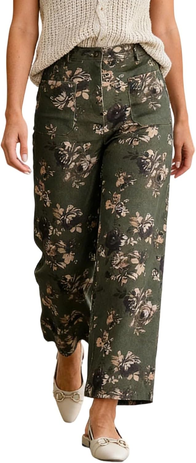 CHRTOU Women's High Rise Wide Leg Jeans Baggy Cropped Floral Denim Pants Ankle Cute Jeans Boyfriend