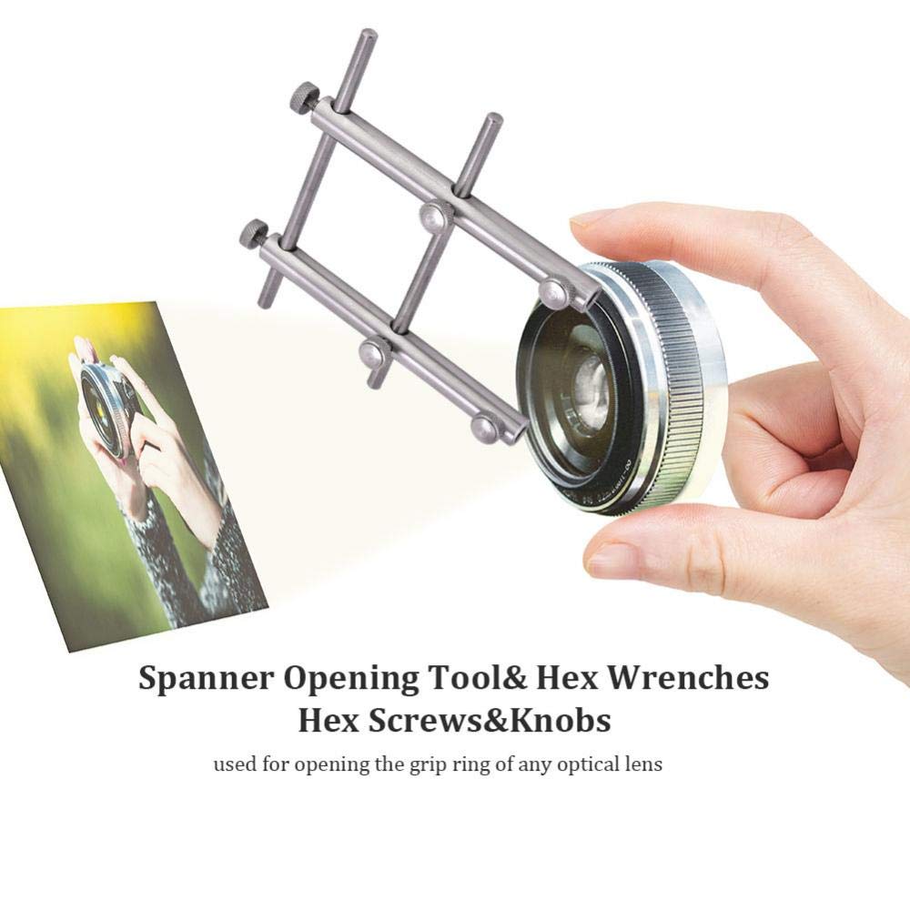 Werkzeug zum Entfernen von DSLR-Kameraobjektiven, professioneller Edelstahl-DSLR-Objektivschlüssel mit zwei Spitzen, 10-100 mm Objektivreparatursatz mit 6 Schäften, 6 Schrauben und 2 Sechskantschlüsse