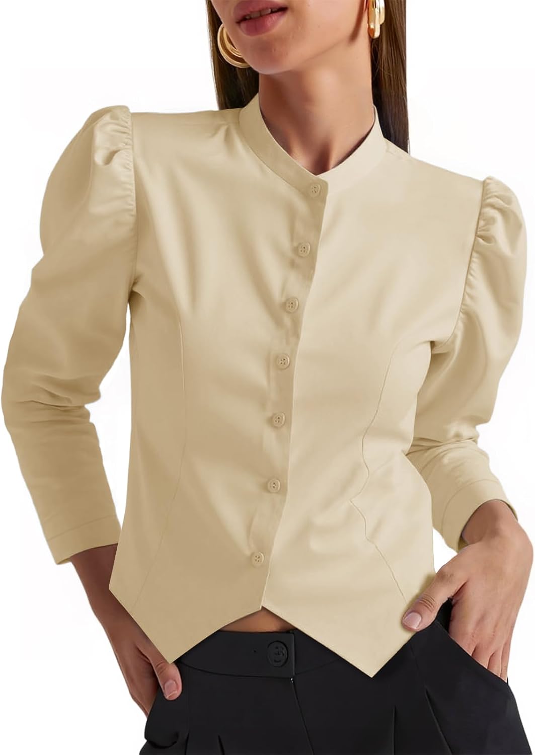 Tankaneo Womens Puff Sleeve Button Down Shirts Cropped Mock Neck Fitted Tops Fall Dressy Casual Cotton Blouse