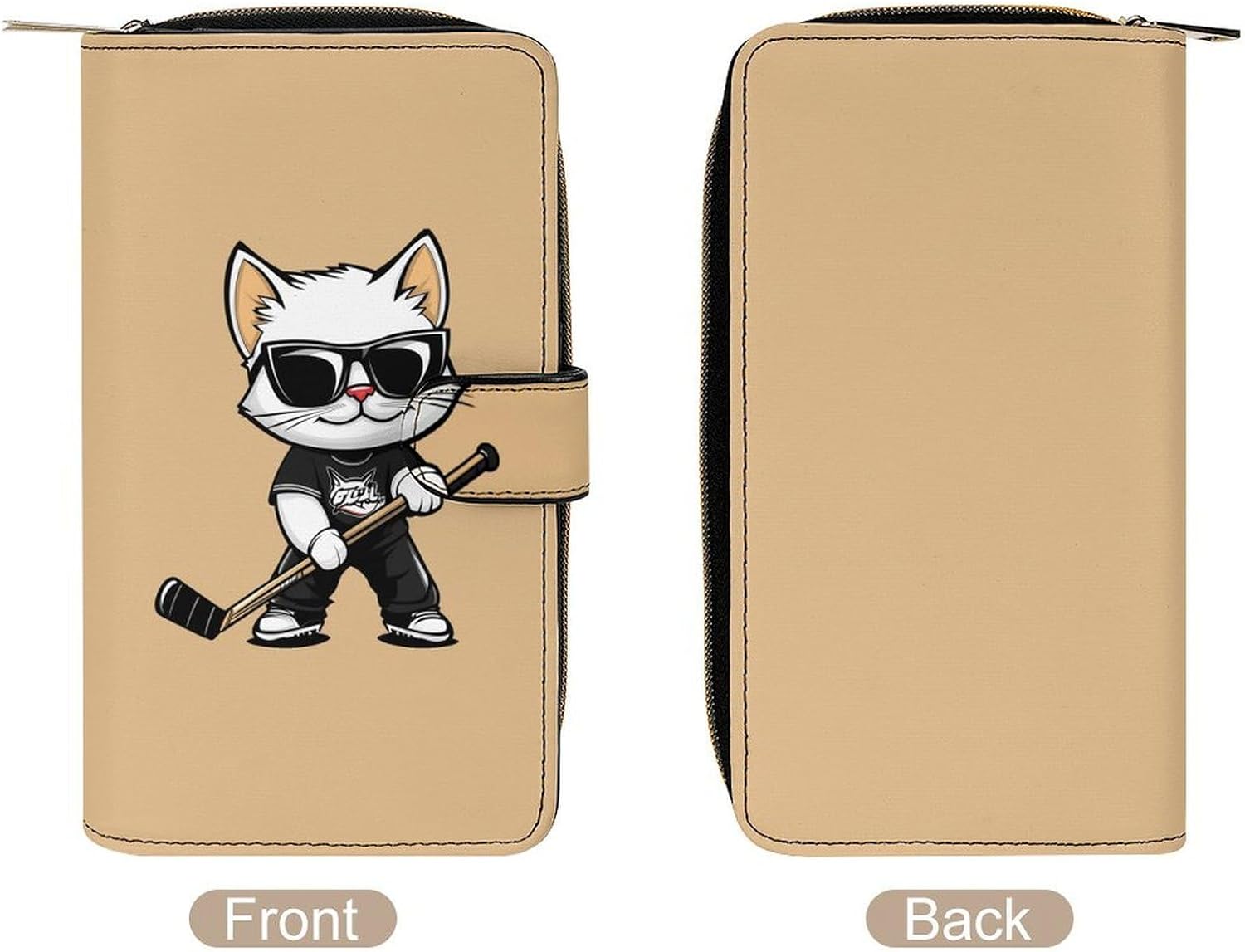 Ice Hockey Cat Player Stick Women's Long Wallet Leather Large Capacity Wristlet Clutch Purse Wallets