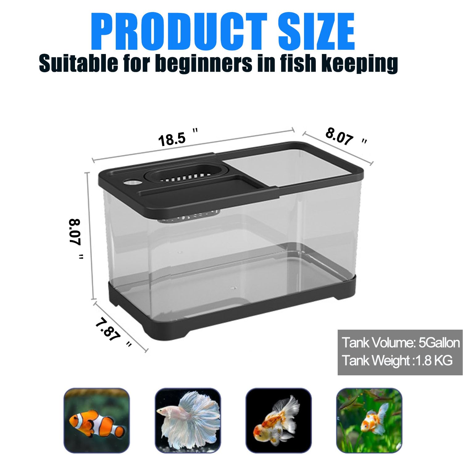 Aquarium-Starter-Set aus Kunststoff mit Filter, kleinem Netz und LED-Licht, für Betta, Nano-Aquarium aus Kunststoff mit Deckel (47 x 20 x 20,50 cm/schwarz)