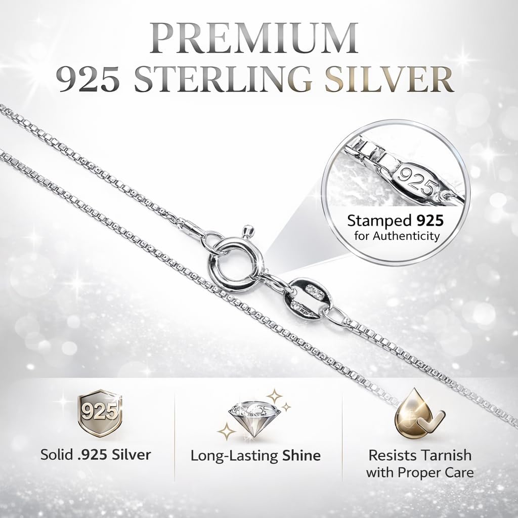 925 Sterling Silver Italian Box Chain Necklace for Women & Men – Solid Silver, Secure Clasp, 1mm & 1.5mm, 16–30 Inch – Durable Layering Chain for Everyday & Special Occasions