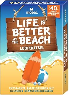 Moses. Life is Better at The Beach - Tricky Logic Puzzle for On the Go & Home, 40 Rewritable Cards with Wipe-Away Pen, Brain Sports Game for Adults & Teenagers