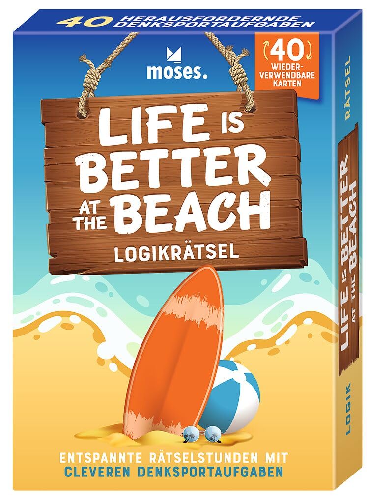 Moses. Life is Better at The Beach - Tricky Logic Puzzle for On the Go & Home, 40 Rewritable Cards with Wipe-Away Pen, Brain Sports Game for Adults & Teenagers