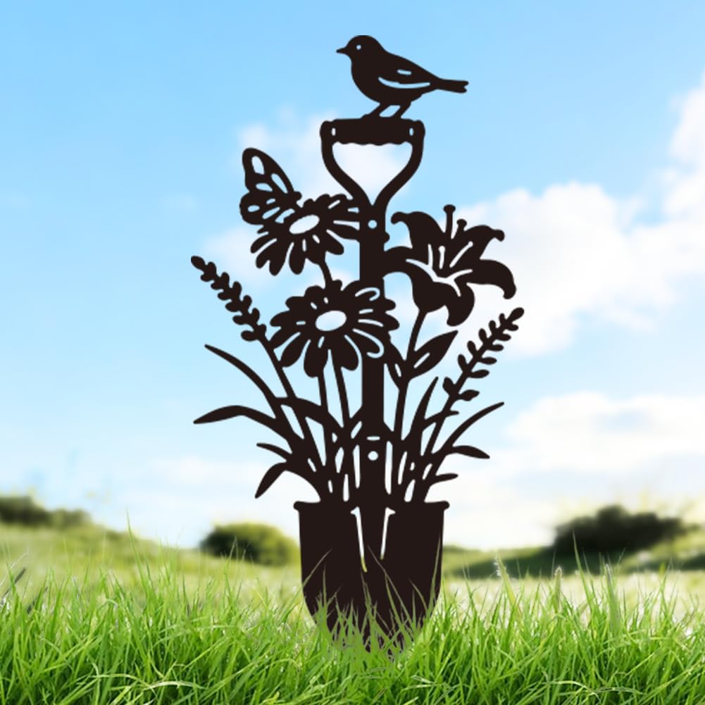 DOODLREAM Flower Bird Metal Garden Stakes, Black Silhouette Shovel Decor for Outside, Double-Side Metal Art Ornament for Yard, Lawn, Patio, Pathway, Outdoor Garden Decor โ image 1