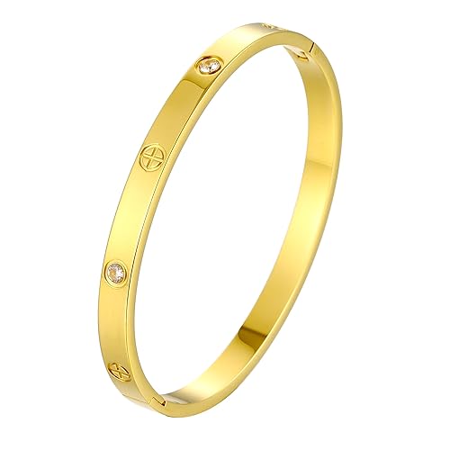 YCSLYW Women's Stainless Steel Bracelet Jewelry Crystal Bracelet With Cube Zircon Hinge Jewelry oval Bangle Christmas Valentines Birthday Gifts for Women - Gold