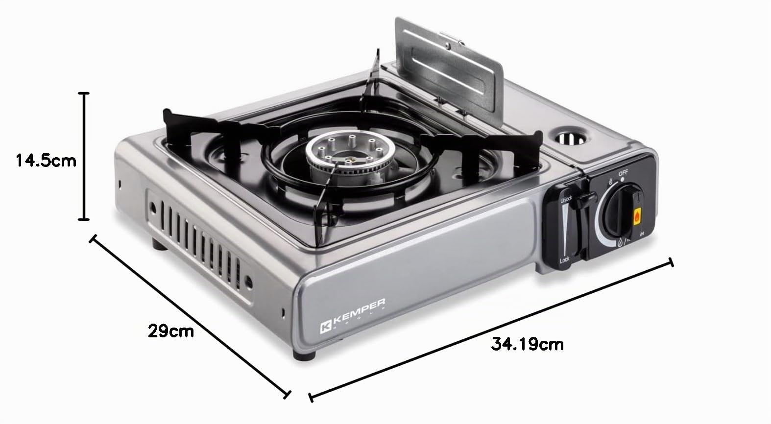 KEMPER - Fornello a gas 2200 W INOX + 4 cartucce di gas Doppio sistema di sicurezza Potenza regolabile