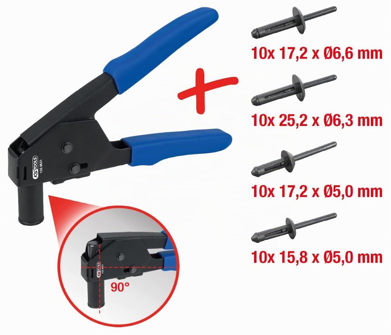 KS Tools 150.9650 Pince à Riveter - Avec rivets - Poignées Bleus | Pince à riveter avec rivets plastique, chrome vanadium