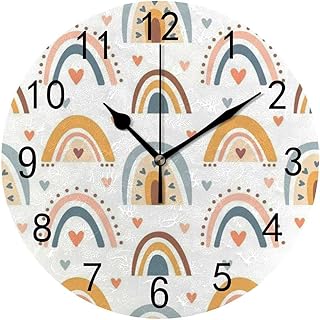 Hapuxt Wall Clock PVC 9.8 Inch Cute Boho Rainbows Pastel Color Non Ticking Silent Round Battery Operated Home Decorative Kitchen Office Living Room Bedroom