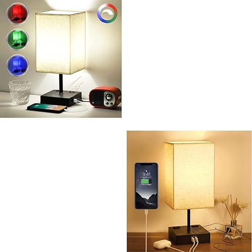 Honesorn Lámpara de noche RGBW con 4 colores rojo verde azul y blanco de 5000 K beige y 3 vías control táctil regulable con 2 puertos de carga USB y