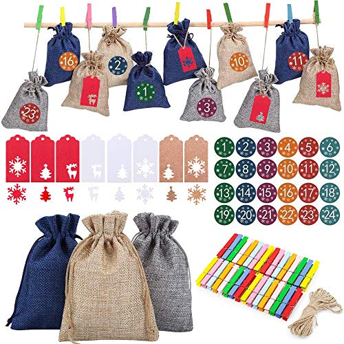 Evance Calendario de Adviento Bolsas de Lino Bolsa de Regalo Navidad, 24 Bolsas Regalo Pequeñas con 24 Pegatinas, Bolsas de Bricolaje para Navideña, Bodas, Cumpleaños y Regalos (con Etiquetas)