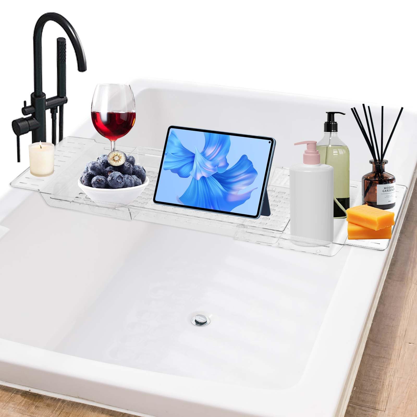 Bandeja Bañera, Bandeja para Bañera Extensible, Bandejas para Bañeras con Diseño de Desagüe, Bandejas Baño Ajustable para Vela, Libro, Vaso, Teléfono y Tableta (Transparente)