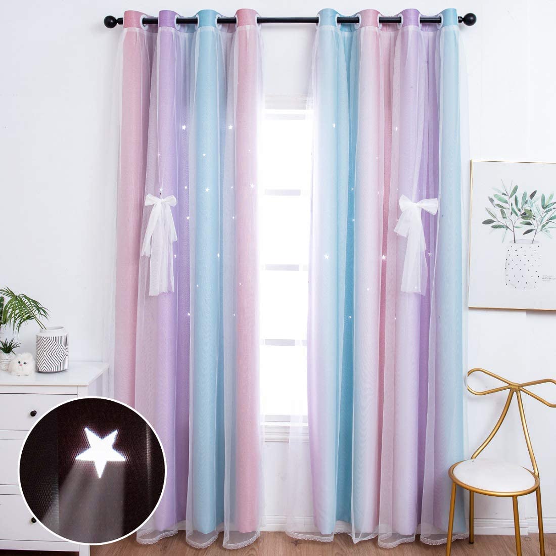 Lanqinglv Girls Curtains With Sheer Net - Kids Room 2 Panels Stars