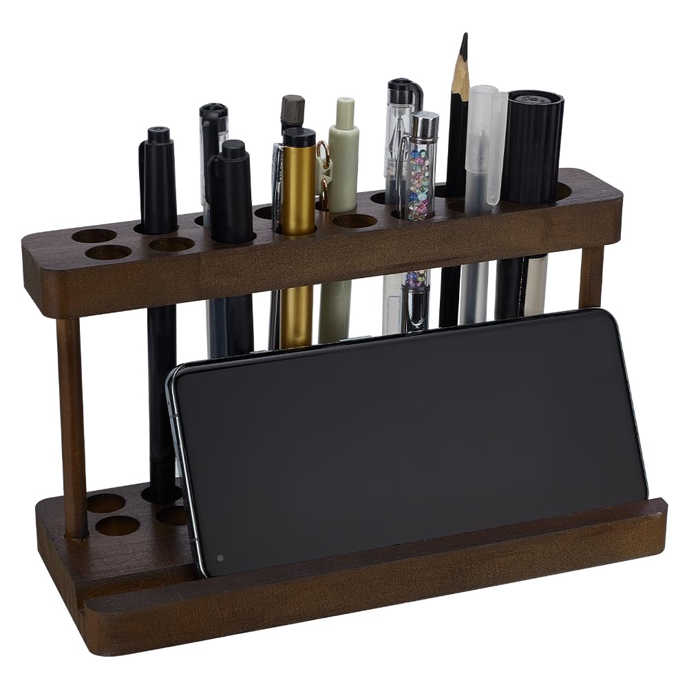 FINGERINSPIRE Pencil & Pen Holder for Desk Pine Wood Pen Display Stand with 15 Slots and Cell Phone Rack Coconut Brown Aesthetic Pencil Organizer for