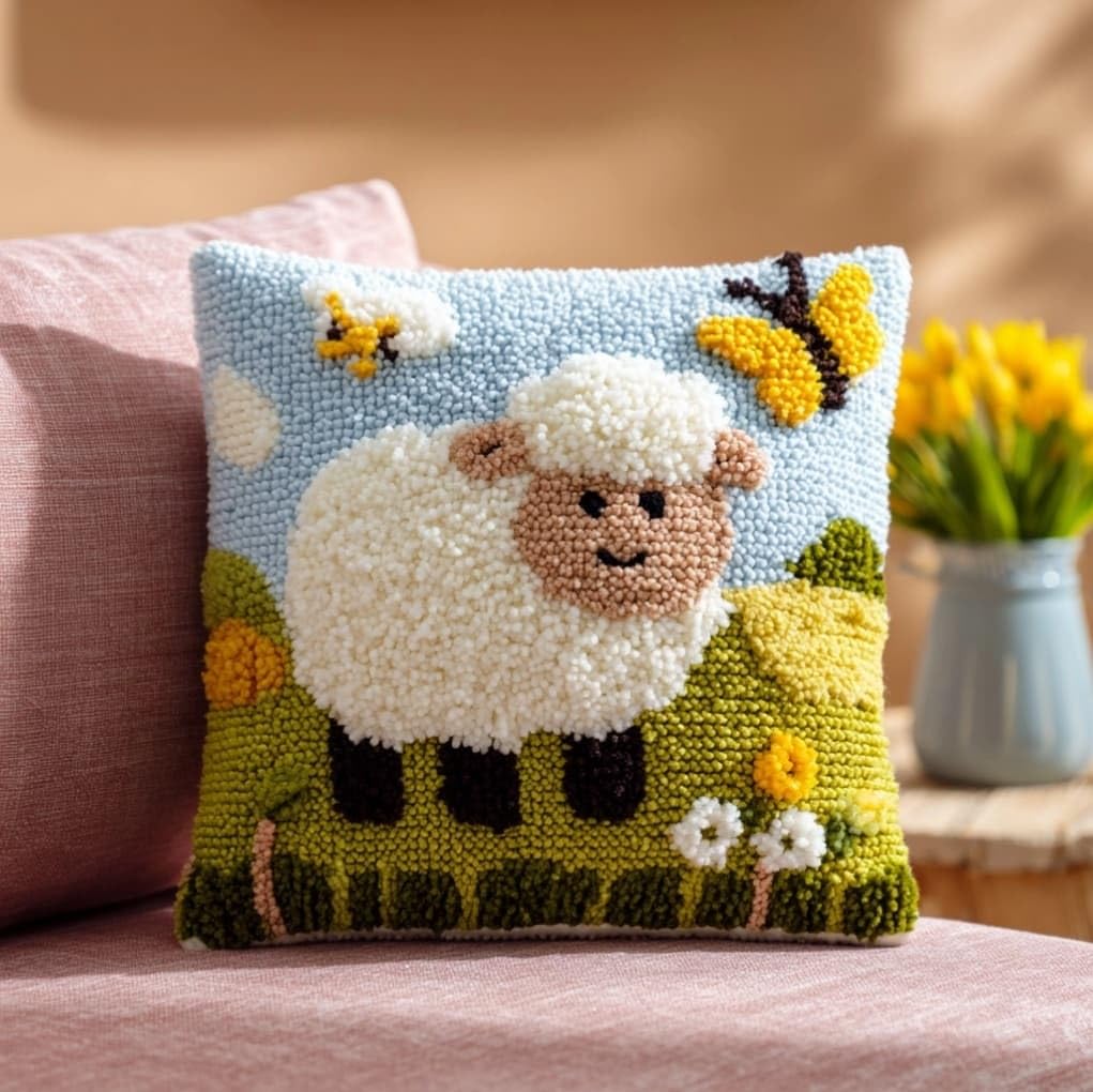 AxiangziK Latch Hook Cushion Kit 43x43cm,Sheep and Butterfly