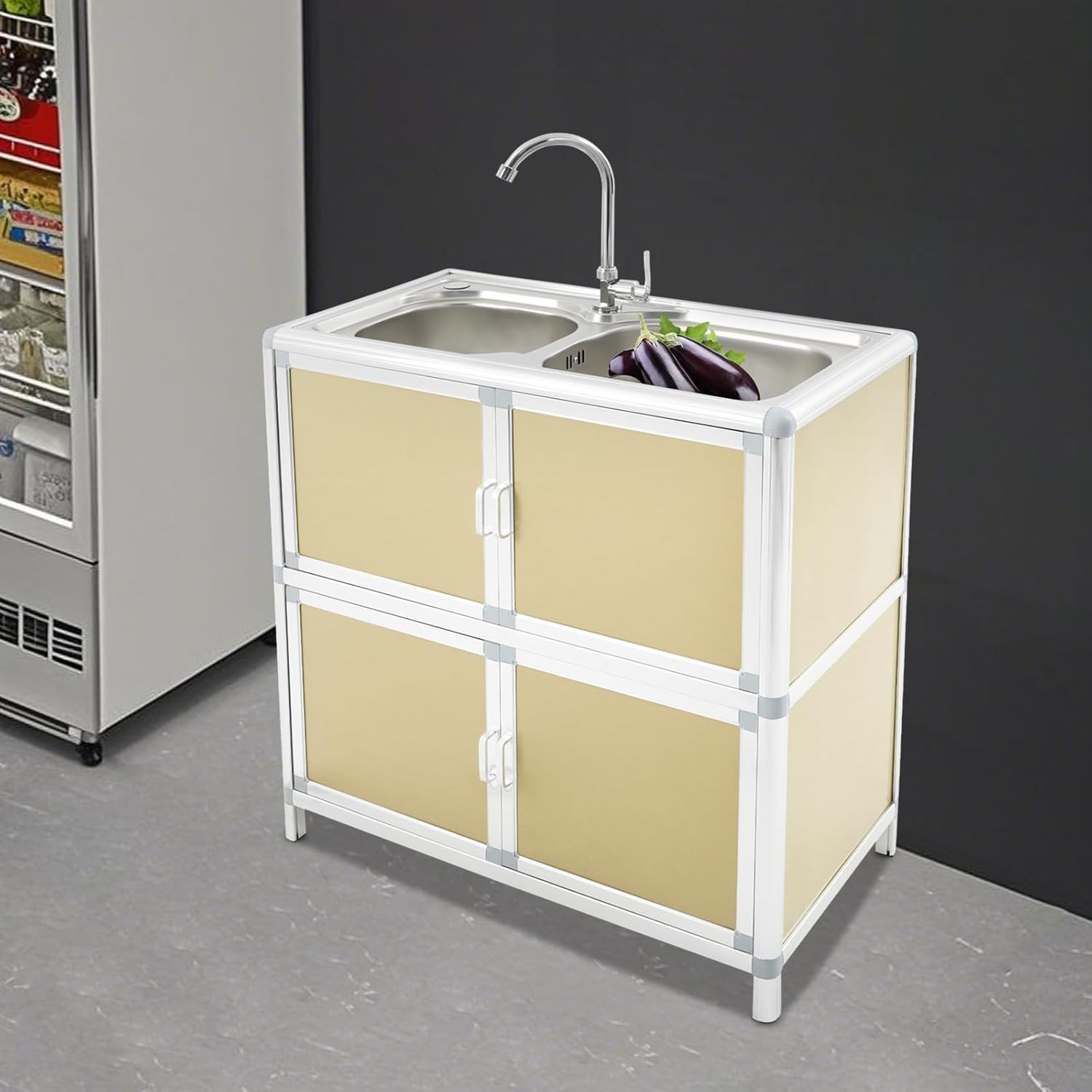 Freestanding Kitchen Sink Cabinet, 30 Inch Double Basin Stainless Steel Sink with Faucet, Gold Utility Sink for Laundry Room, Basement, Garage & Outdoor (29.53 * 16.54 * 31.5in)
