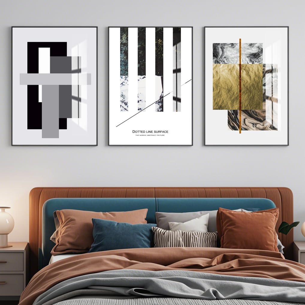 Modern Abstract Framed Wall Art Set of 3 Pieces Geometric Bright Canvas Prints Wall Decor, Black White and Gold Square Stripe Home Decorations 16“X 24”