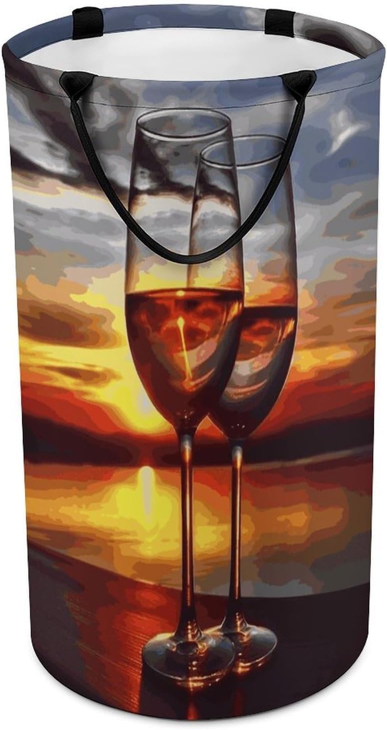 Sunset Wine Glass Laundry Basket 86L Laundry Hamper | Collapsible Clothes Hamper with Reinforced Handles Waterproof Tall Foldable Dirty Clothes Basket for Hotel, Home, Closet