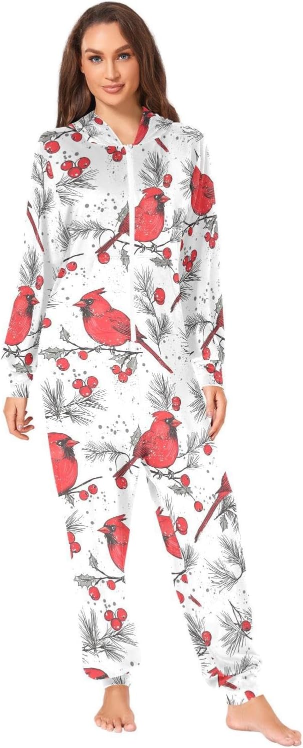 ZZKKO Red Cardinal Birds Holly Leaves Adult Onesie Pajamas for Women Men Cozy One Piece Pajamas Costume Zip-Up Hooded S-XL