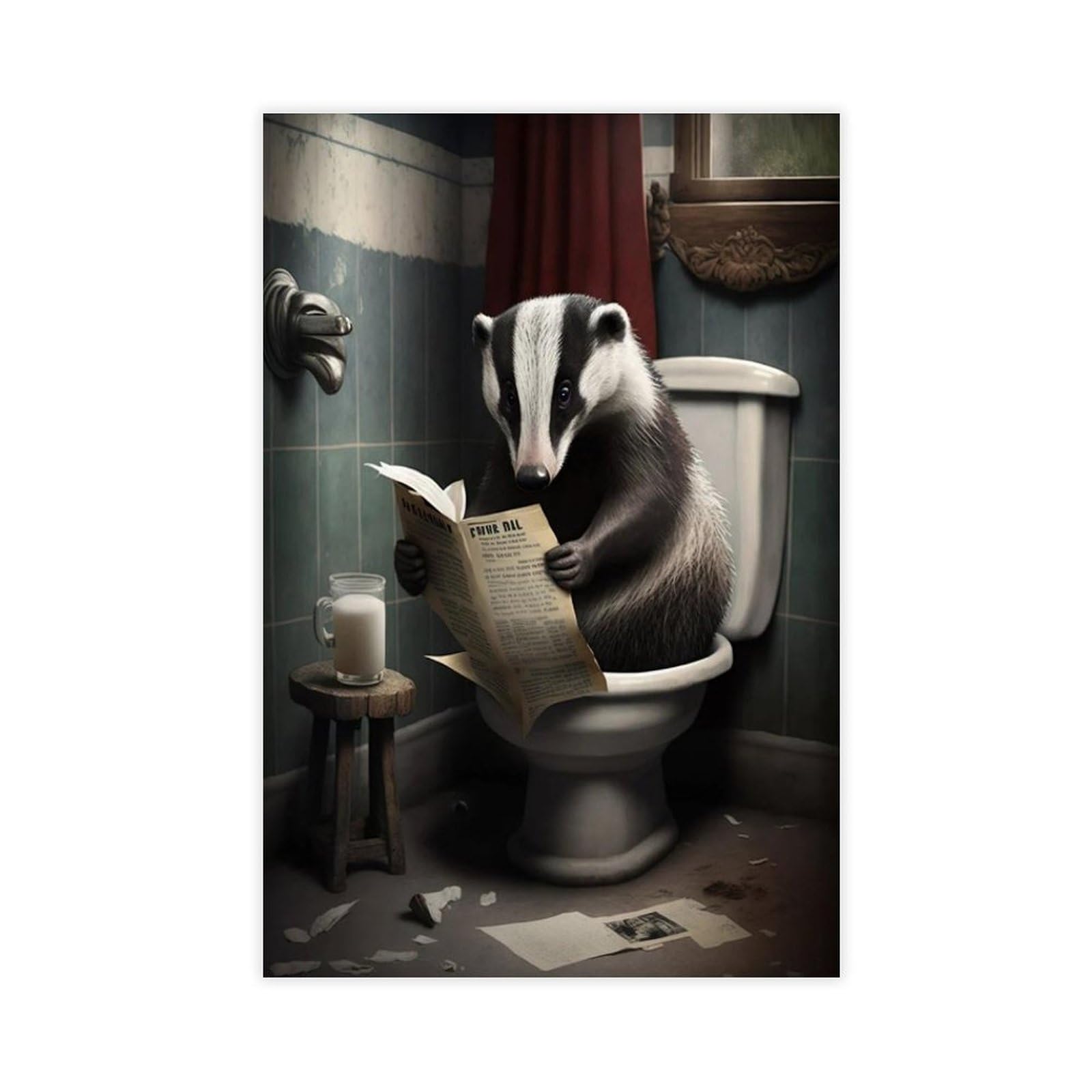 BNCEDJK Badger Sitting on The Toilet Reading A Newspaper Canvas Poster Wall Art Print Picture Paintings 12x18inch(30x45cm)