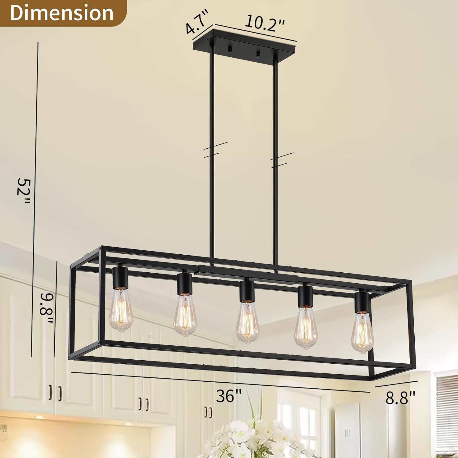 5-Light Dining Room Light Fixture,Black Farmhouse Kitchen Island Lighting,Rustic Pendant Light Over Table with Adjustable Rods,Modern Linear Chandeliers for Dining Room Kitchen Island