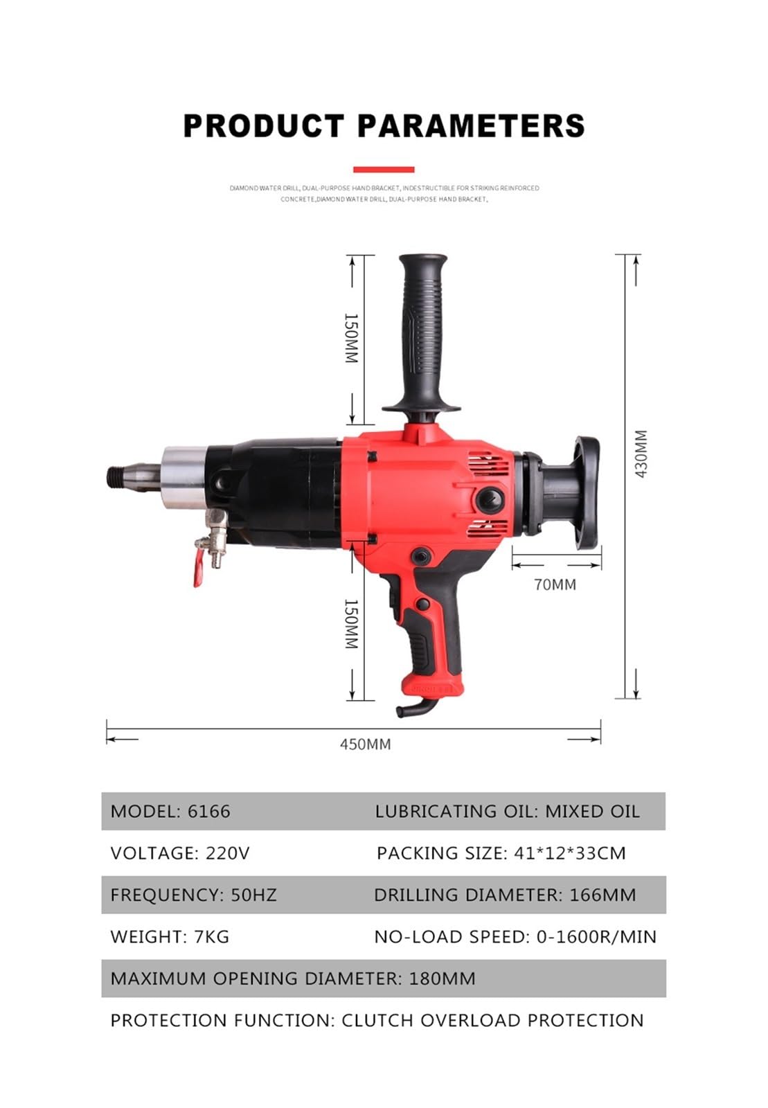Taladro eléctrico de agua con diamante, 1600 rpm, taladro de torsión de ingeniería, mini taladro manual, herramienta eléctrica, máx. 180 mm Para bricolaje(9120)
