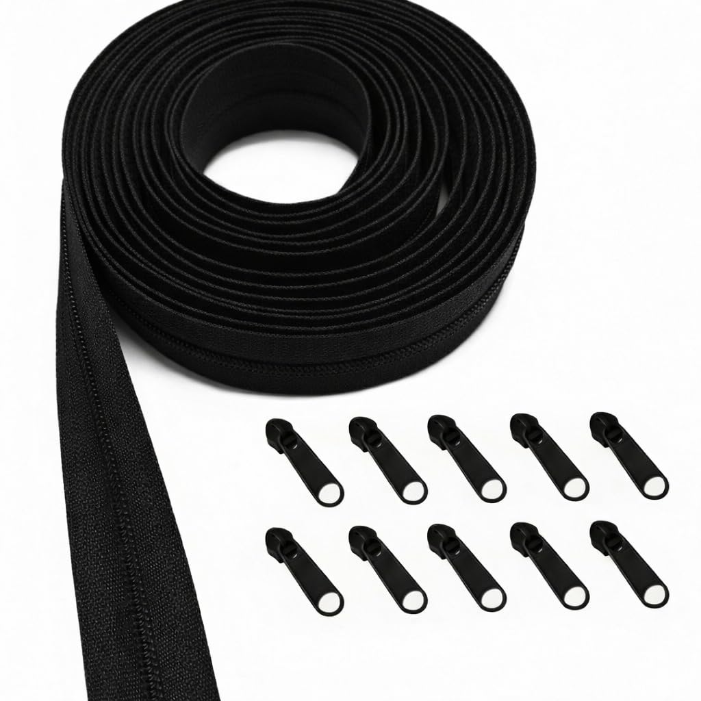 KGS Zipper by The Yard | 3 Yards Continuous Nylon Coil Zipper Roll with 10 Matching Pulls | #3 Bulk Zip Tape for Sewing Bags, Purses, Backpacks, Jackets, DIY Craft and Repair (Black)