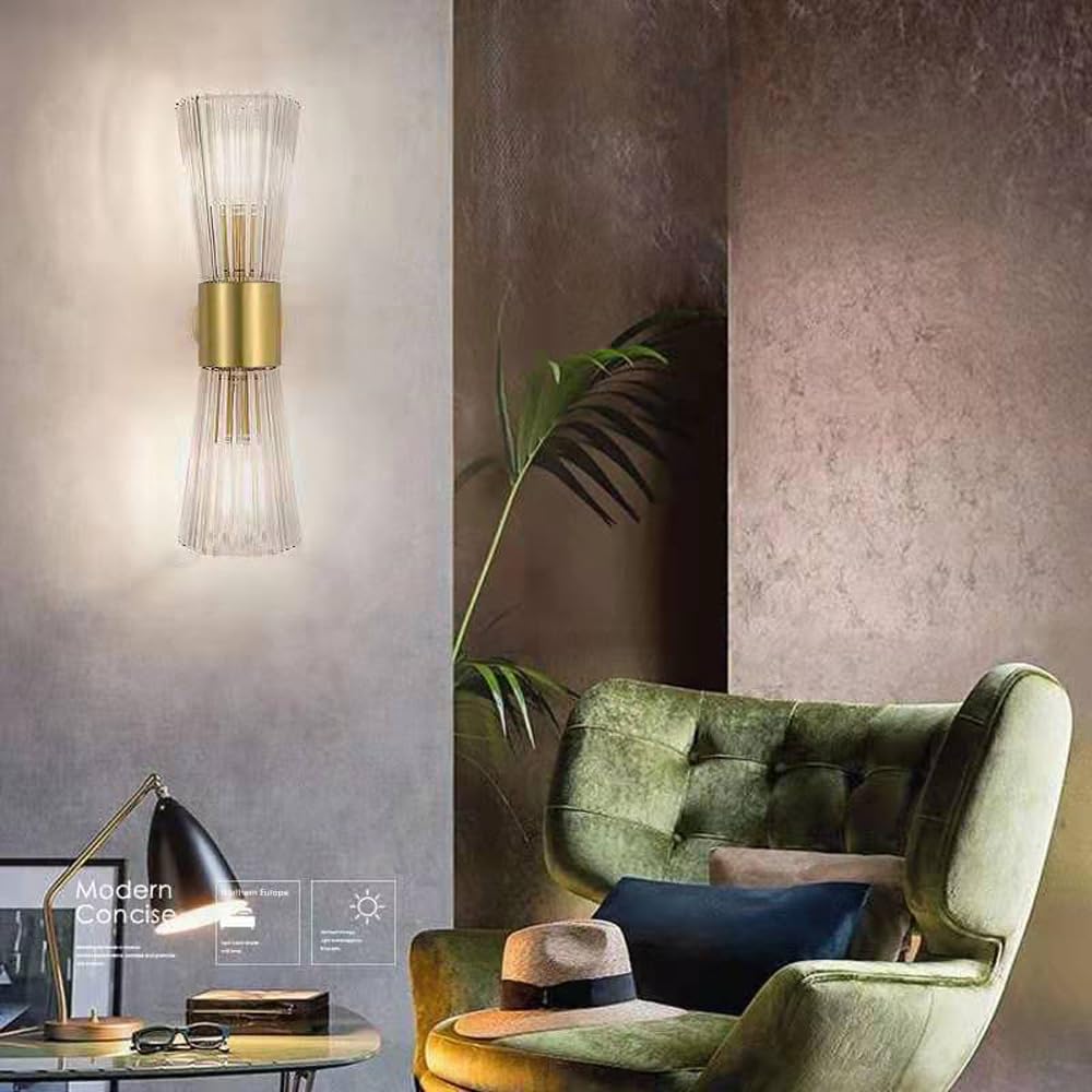 Kinkiety ścienne wewnątrz 2 światła kryształ łazienka góra dół toaletka złota długa liniowa lampa ścienna prążkowane szklane lampy ścienne do sypialni salonu korytarza korytarza wiejskiego domu