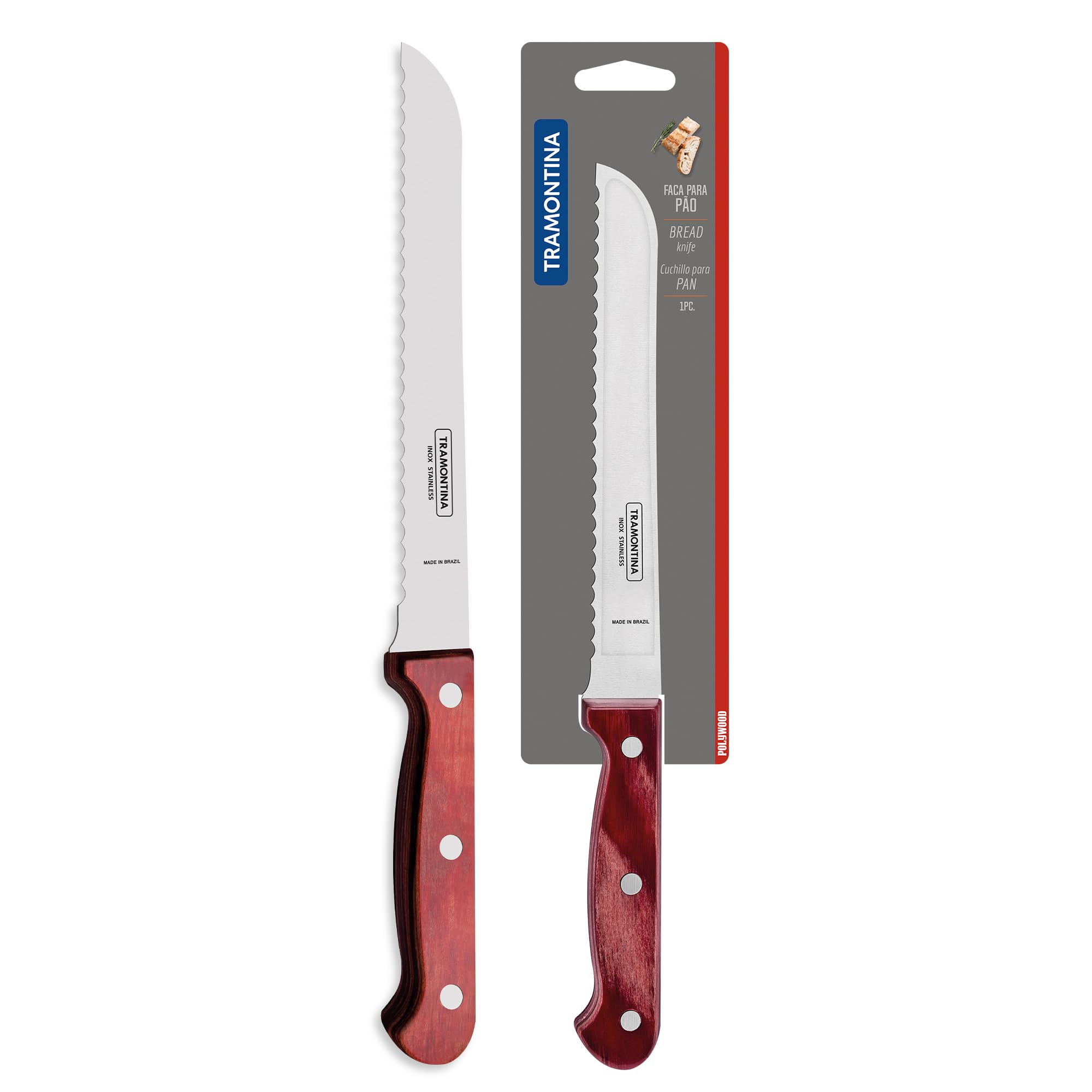 Tramontina 21125/177 TRAMONTINA Wood Handle Bread Knife, Polywood, 11.8 inches (30 cm), Red, Dishwasher Safe, Durable, Lightweight, Natural Wood, Made in Brazil : Home & Kitchen