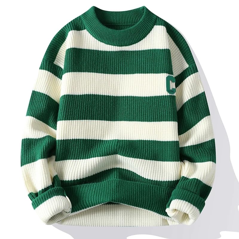 Autumn Winter Men's Pullover Round Neck Loose Striped Warm Thick Casual Knitwear Sweaters2