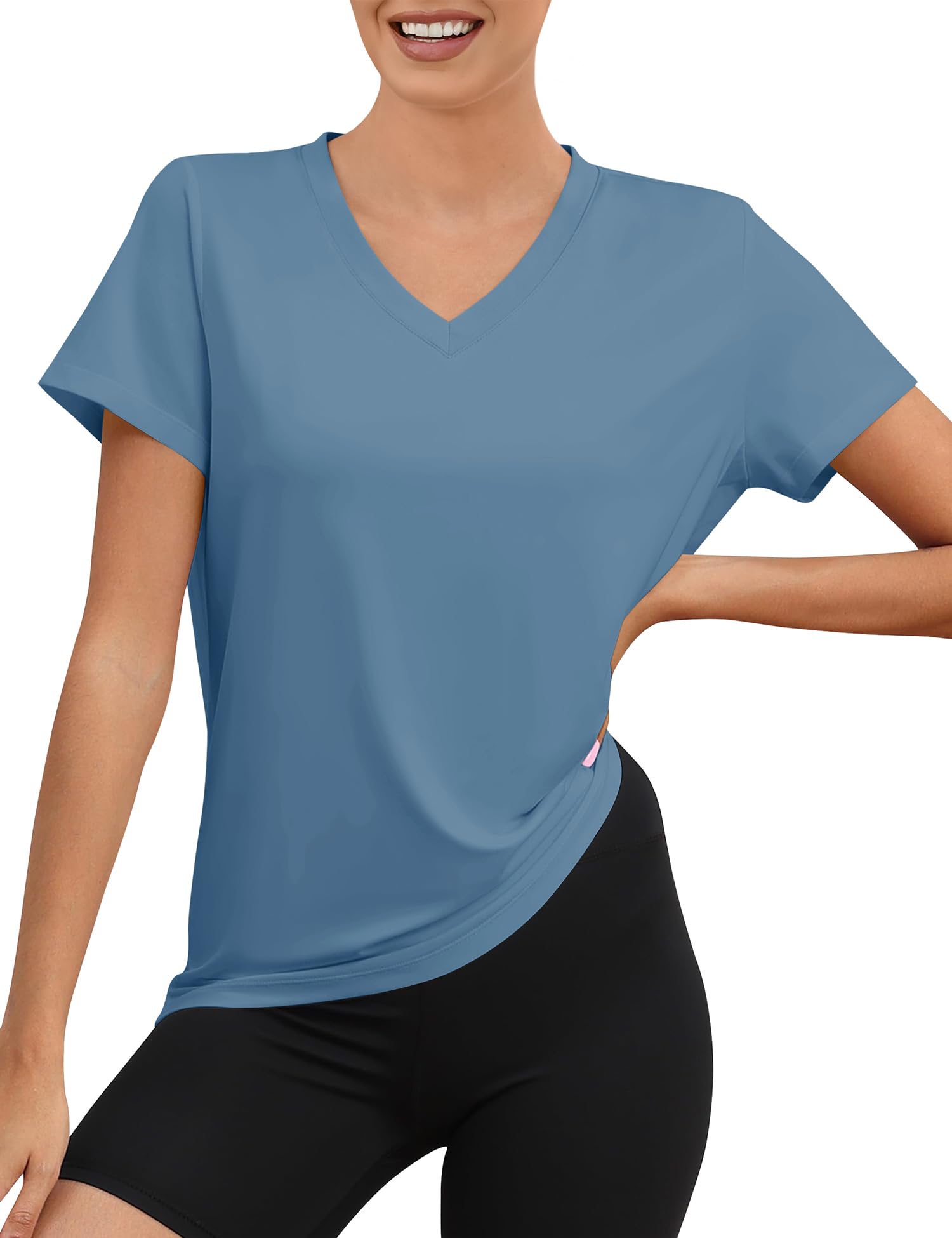 Rapbin Damen V Ausschnitt Sportshirt Kurzarm, UPF 50+ Leichtes Atmungsaktiv Trocken Funktions Sport Oberteile für Fitness Laufshirt Yoga
