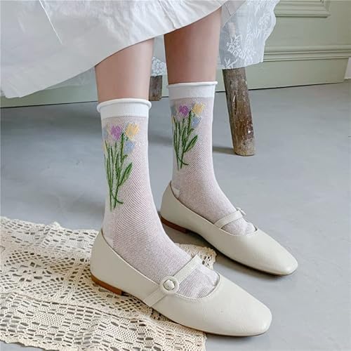 Womens Ruffle Socks Lace Mesh Socks Girls Pretty Frilly Cotton Crew Socks Novelty Elegant Fancy Dress Socks Colorful Floral Patterned Turn Cuff Lettuce Trim High Ankle Socks, 5 Pack-Tulip Flowers #TOP5