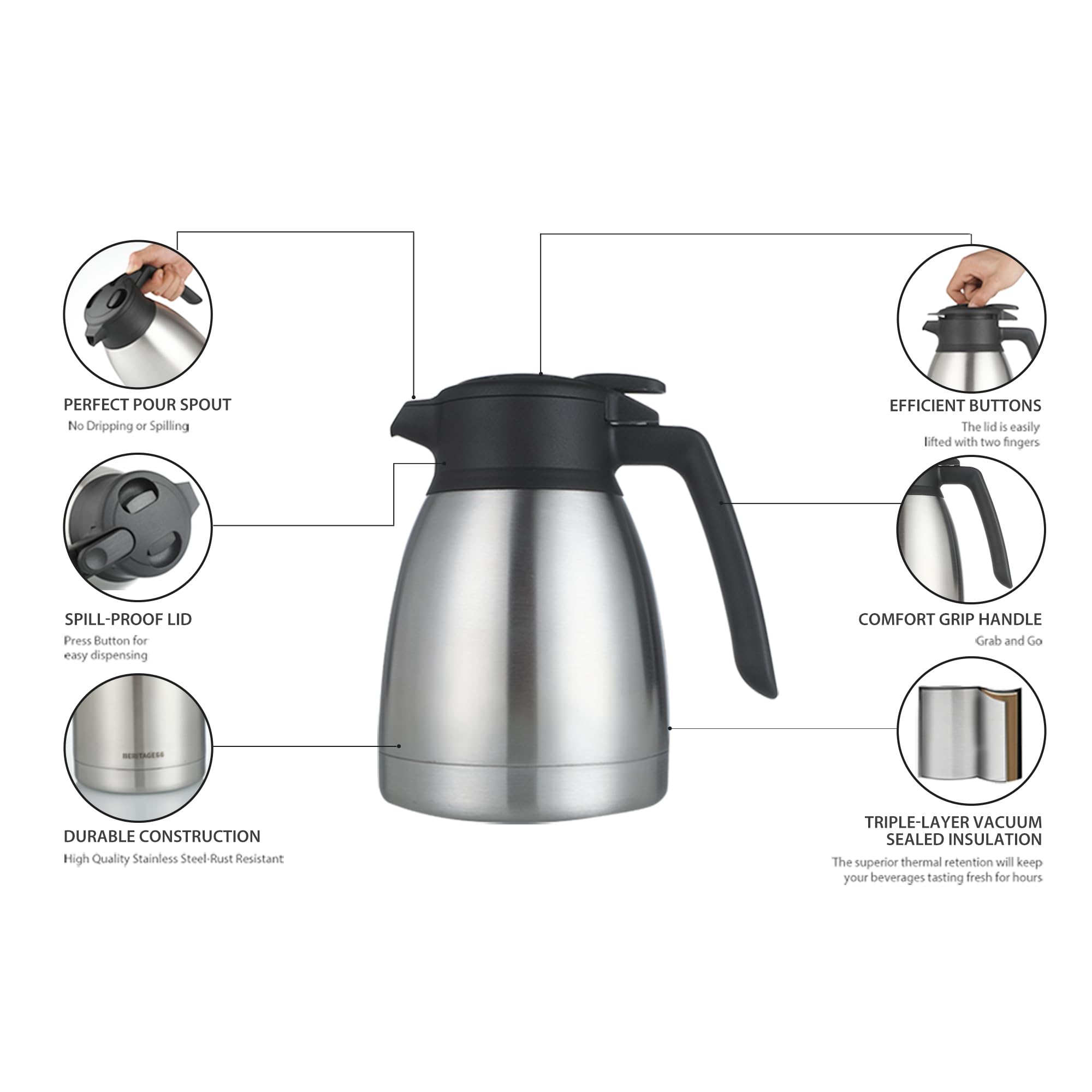 Jarra térmica de café de 34 onzas/1 litro, dispensador de bebidas calientes aislado, dispensador de café al vacío de acero inoxidable de triple pared para mantener el agua, té, café caliente o frío