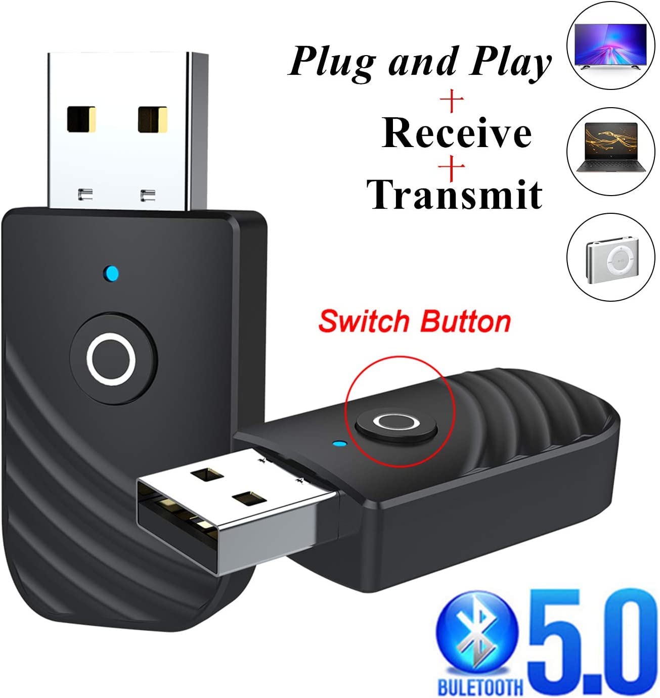 USB Bluetooth 5.0 Adattatore 3 in 1 Ricevitore Audio Musicale Wireless Trasmettitore 3.5Mm AUX per TV PC Cuffie Auto