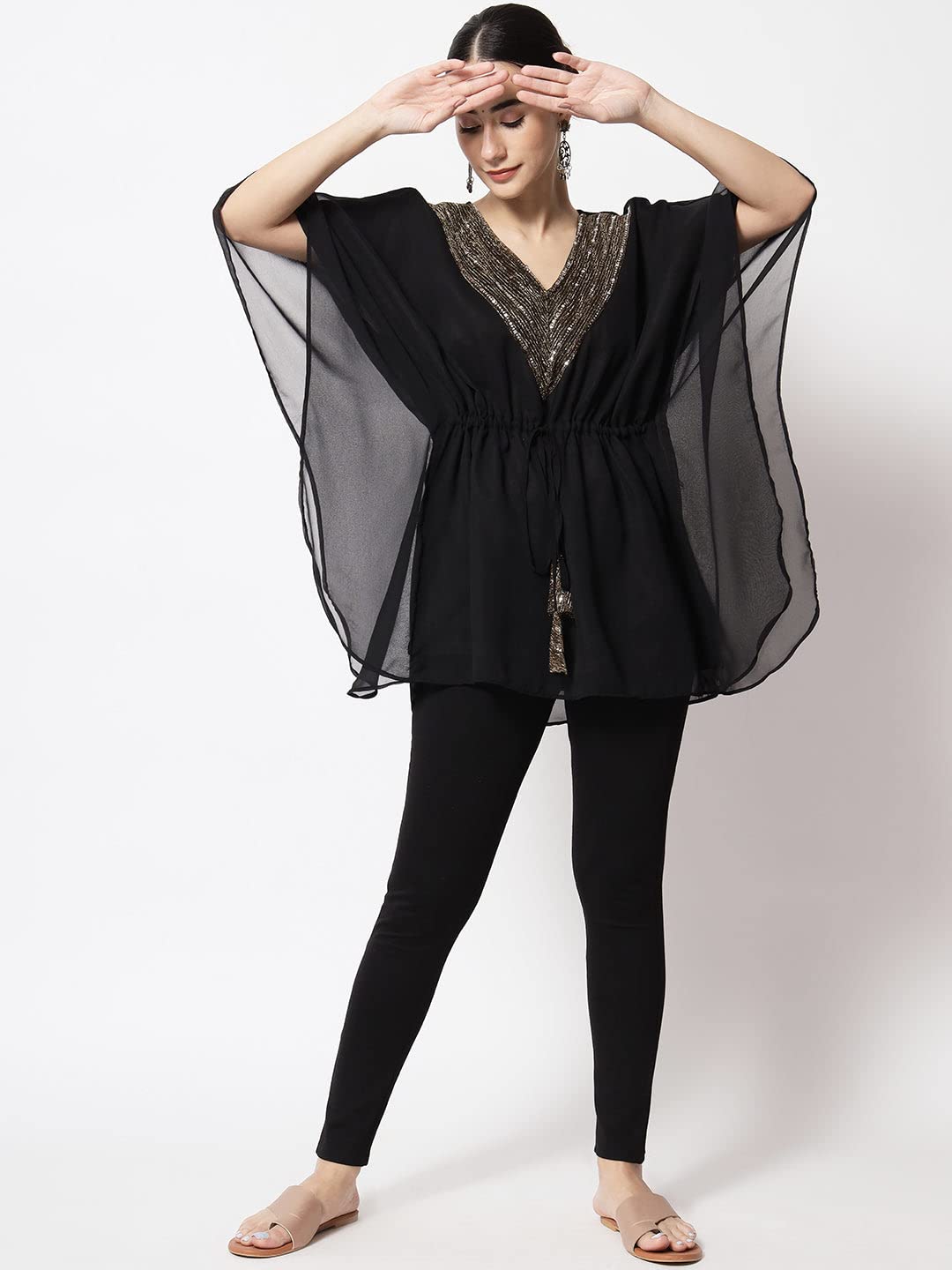 studio rasa Women's Georgette Relaxed Fit Embellished Yoke Kaftan Kurti for Festive Wedding Party (KRAC42223M_Black_Medium) 4
