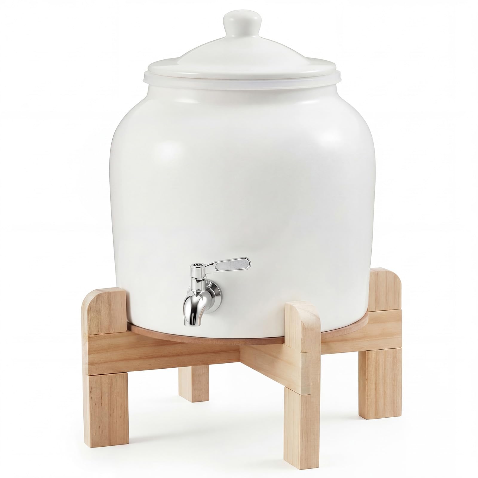 FillTouch Ceramic Water Dispenser Crock Water Dispenser with Wood Stand 304 Stainless Steel Faucet, Valve and Lid for 3 to 5 Gallon Jugs Porcelain Cooler Home Office Indoor Outdoor (White)