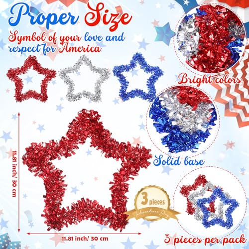 Image of 3 Pcs 4th of July Wreath for Front Door Patriotic Tinsel Wreath Star Tinsel Patriotic Garland Red White and Blue Garland for Memorial Day Independence Day Wall Window Home Party Supplies