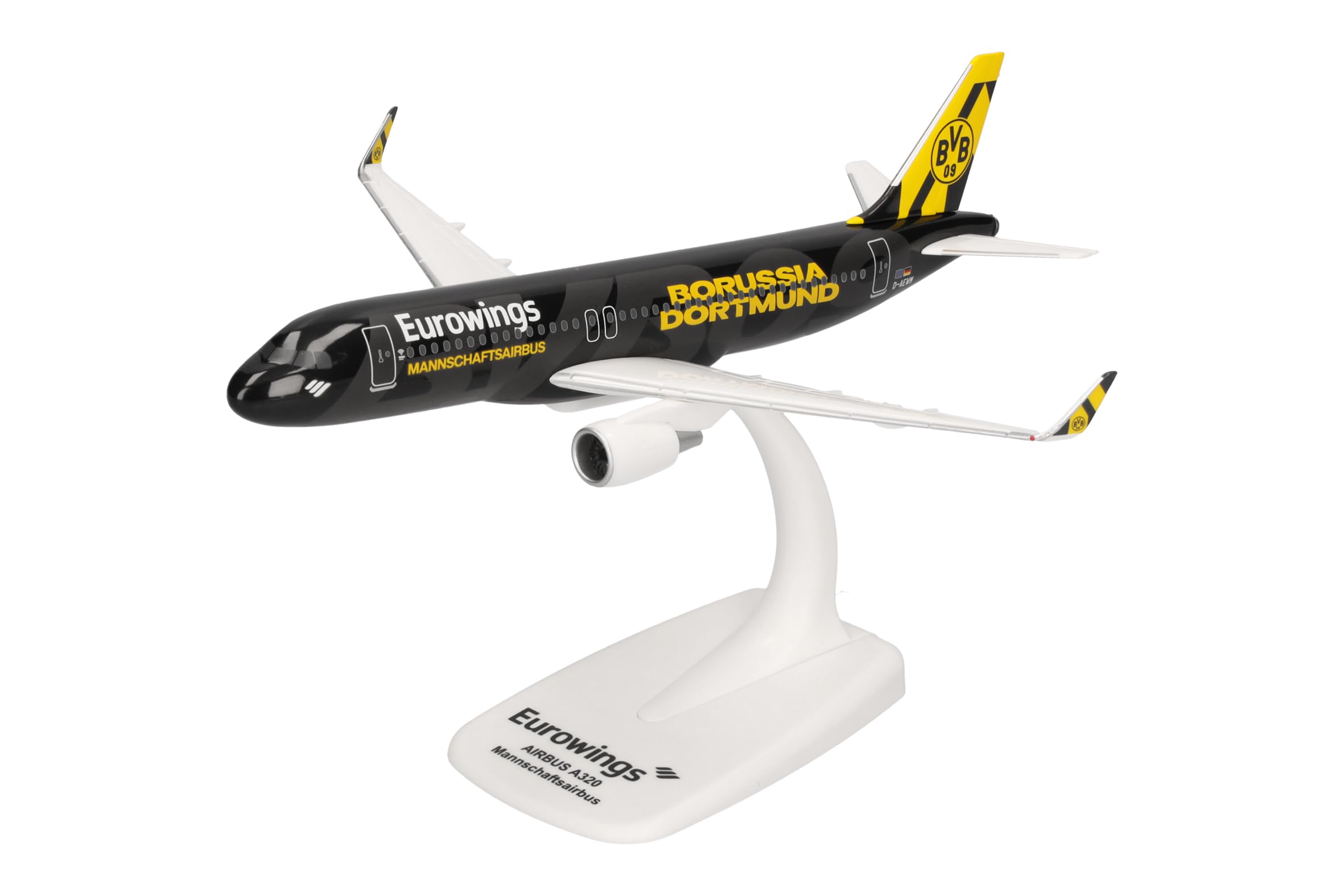 Herpa Snap-Fit airplane model Eurowings Airbus A320 "BVB Mannschaftsairbus" (2025), on scale of 1:200, plastic miniature with pedastal, model building, collectors edition